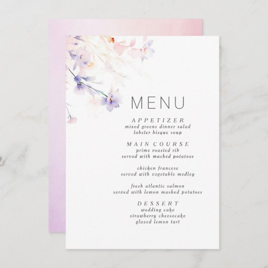 Weiche Lila Speisekarte mit elegantem Minimalistis Menükarte (Vorne/Hinten)