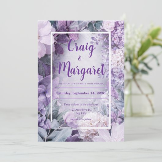 Weiche Lilac- und Blush-Blues-Hochzeit Einladung (Stehend Vorderseite)