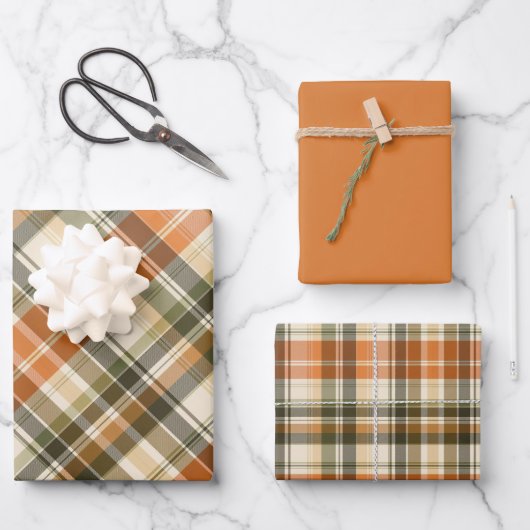 Weiche Orange, Grün und Creme Kariert Geschenkpapier Set (Vorderseite)