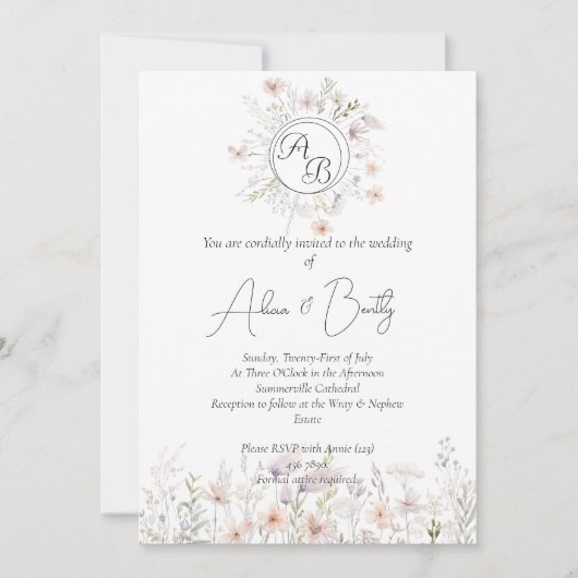 Weiche Pastel Watercolor Wilde Blume Hochzeit Einladung (Vorderseite)