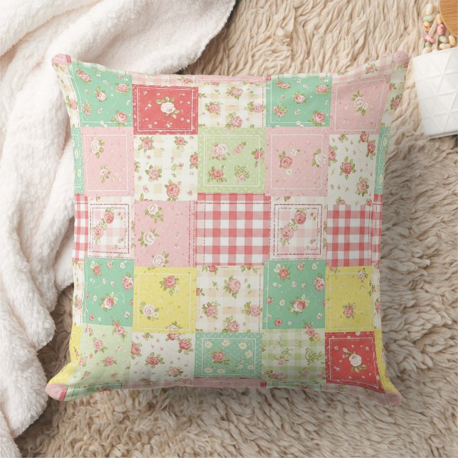 Weiche Pastell-Blumen-Patchwork-Gingham-Karo Kissen (Decke)