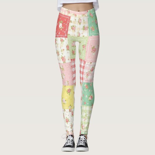 Weiche Pastell-Blumen-Patchwork-Gingham-Karo Leggings (Vorderseite)