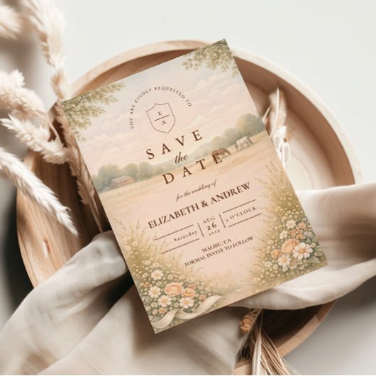 Weiche Pastell-Landschaft-Wiesen-Hochzeit Save The Date