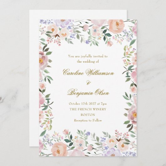 Weiche Pastelle Wasserfarbe Blumengarten Hochzeit Einladung (Vorne/Hinten)