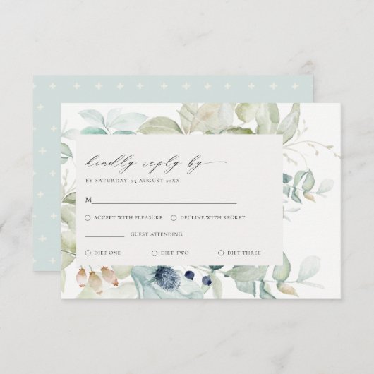 Weiche Pastellfarben, blaugrüne Foliage, RSVP Begleitkarte (Vorne/Hinten)