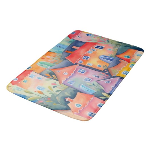 Weiche pastellfarbene kleine Häuser in friedlicher Badematte (Schrägansicht)