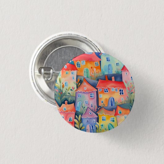 Weiche pastellfarbene kleine Häuser in friedlicher Button (Vorne & Hinten)