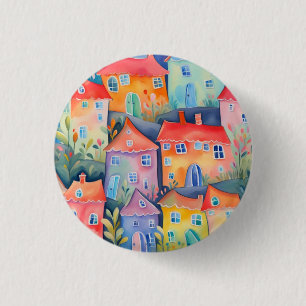 Weiche pastellfarbene kleine Häuser in friedlicher Button