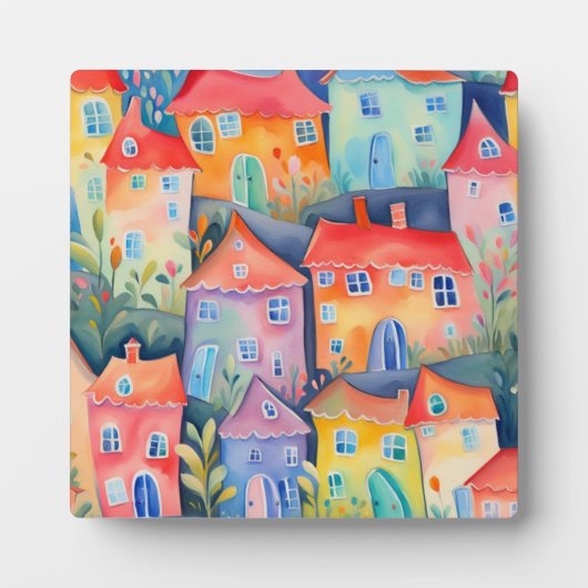 Weiche pastellfarbene kleine Häuser in friedlicher Fotoplatte (Vorderseite)