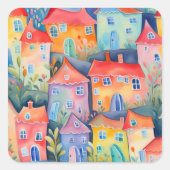 Weiche pastellfarbene kleine Häuser in friedlicher Quadratischer Aufkleber (Vorderseite)
