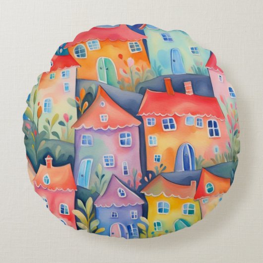 Weiche pastellfarbene kleine Häuser in friedlicher Rundes Kissen (Vorderseite)