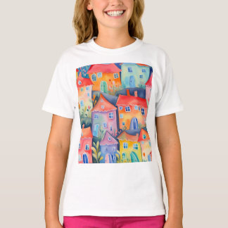 Weiche pastellfarbene kleine Häuser in friedlicher T-Shirt