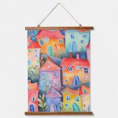 Weiche pastellfarbene kleine Häuser in friedlicher Wandteppich Mit Holzrahmen (Vorderseite)