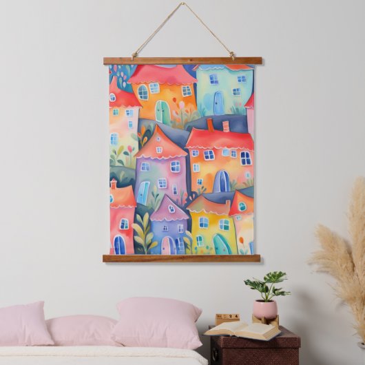 Weiche pastellfarbene kleine Häuser in friedlicher Wandteppich Mit Holzrahmen (Schlafzimmer)
