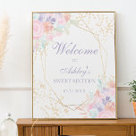 Weiche Pastellgoldblütenfarbe Foto Sweet 16 Poster<br><div class="desc">Weich pastellfarbenes Foto mit floralen Aquarellfarben Begrüßung Sweet 16 mit hübschem Rosa,  Lavendel,  Terrakotta und grüner floraler Aquarellfarbe,  Goldkonfetti aus Glitzer,  geometrisches Terrarium mit goldenen Rahmen,  ein elegantes Drehbuch.</div>