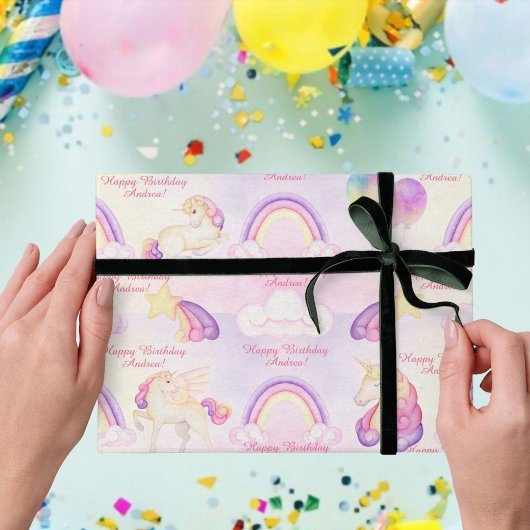 Weiche Pastelrogen Unicorns Wolken und Sterne Krie Geschenkpapier