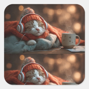 Weiche Pause – Kuscheliger Winterkatzen-Aufkleber Quadratischer Aufkleber