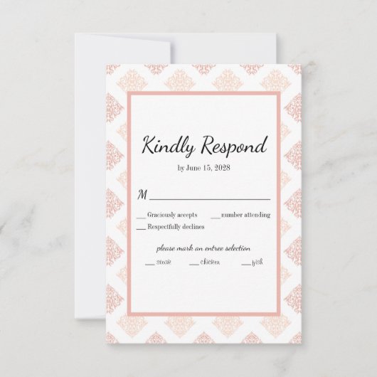 Weiche Peachy Blush Damask RSVP Karte (Vorderseite)