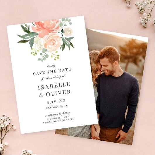 Weiche Pfirsich-Aquarell-Blumenhochzeit Save The Date