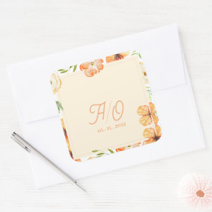 Weiche Pfirsich-Garten-Blumen-Monogramm-Hochzeit Quadratischer Aufkleber