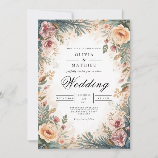 Weiche Pfirsichblumenhochzeit Einladung (Vorderseite)