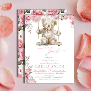 Weiche rosa florale Wasserfarben-Teddy-Girl-Baby-P Einladung