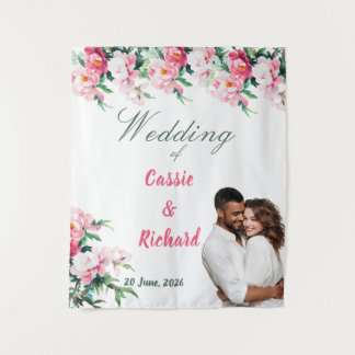 Weiche rosa Pfingstrosen-Blumen-Foto-Hochzeitshint Wandteppich