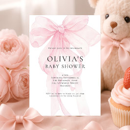 Weiche rosa Schleife Textüberlagerung Baby Shower Einladung