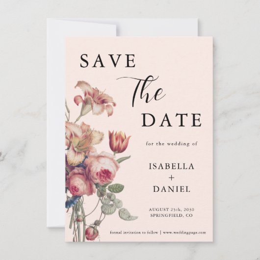 Weiche rosa Vintage-Blumenhochzeit Save The Date (Vorderseite)