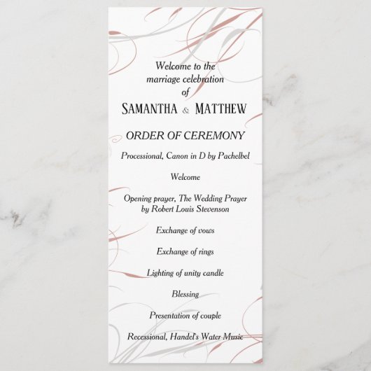 Weiche Rose & graue Schnörkel Hochzeit Programm (Vorderseite)