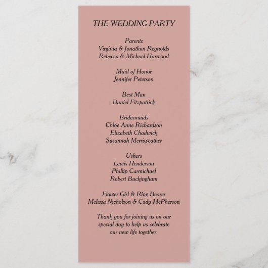 Weiche Rose & graue Schnörkel Hochzeit Programm (Rückseite)