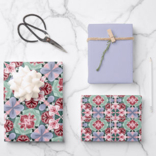 Weiche Rose, Teegrün und Lila Fliesenmuster Geschenkpapier Set