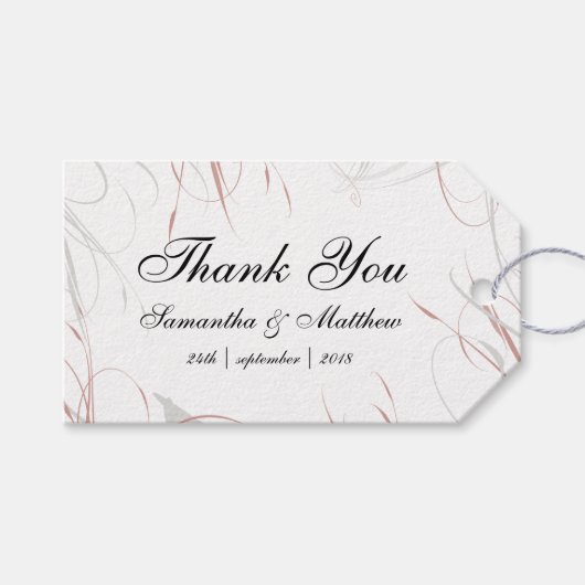 Weiche Rose und graue Schnörkel Hochzeit Geschenkanhänger (Vorderseite (Horizontal))