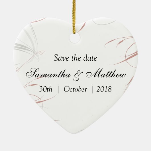 Weiche Rose und graue Schnörkel Save the Date Keramik Ornament (Hinten)