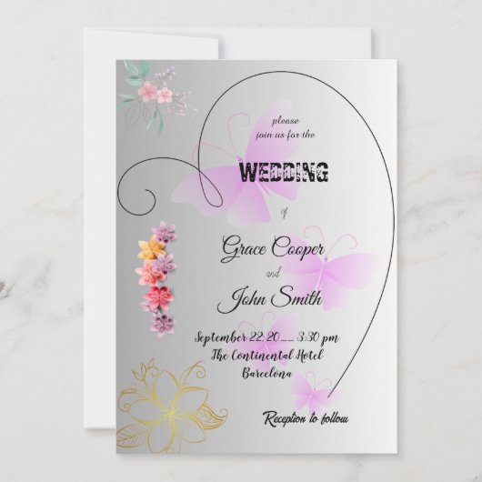 Weiche, schwarze und weiße Hochzeitskarte mit Blum Einladung (Vorderseite)