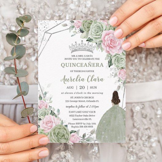 Weiche Seite Grün rosa Blütensilber Quinceañera Einladung