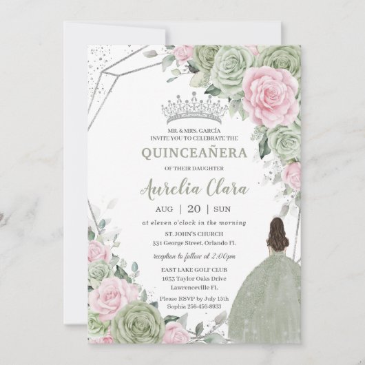 Weiche Seite Grün rosa Blütensilber Quinceañera Einladung (Vorderseite)