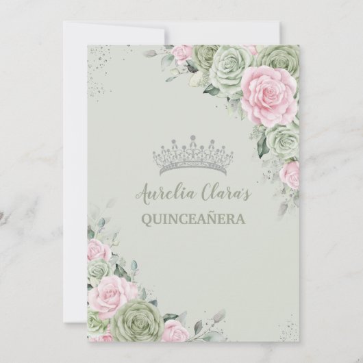 Weiche Seite Grün rosa Blütensilber Quinceañera Einladung (Rückseite)