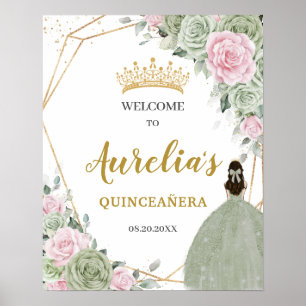 Weiche Seite Grün rosa Floral Quinceañera Willkomm Poster