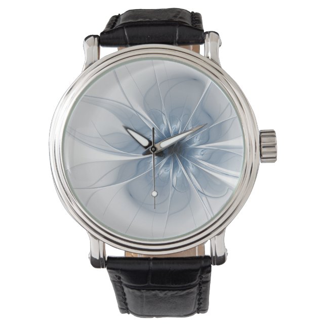 Weiche und zarte blaue Fraktal Fantasie Blume Armbanduhr (Vorderseite)