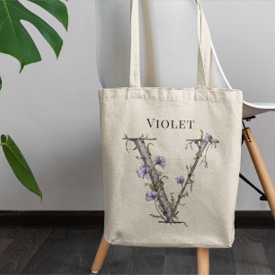 Weiche violette Letter V Blumenmonogramm mit indiv Tragetasche