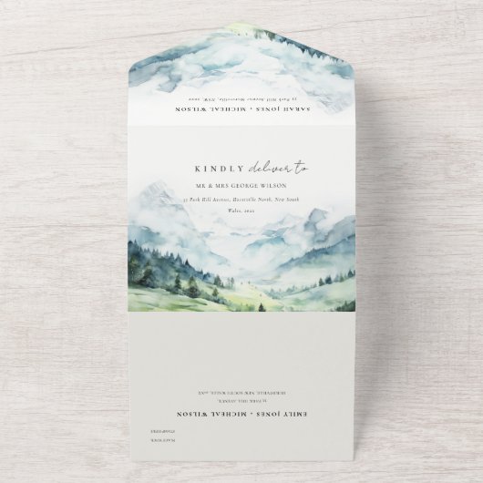 Weiche Wasserfarbe Schneeberg Landschaft Hochzeit All In One Einladung (Außenbereich)