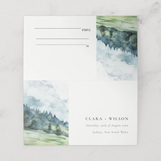 Weiche Wasserfarbe Schneeberg Landschaft Hochzeit Platzkarte (Außenseite Aufgefaltet)