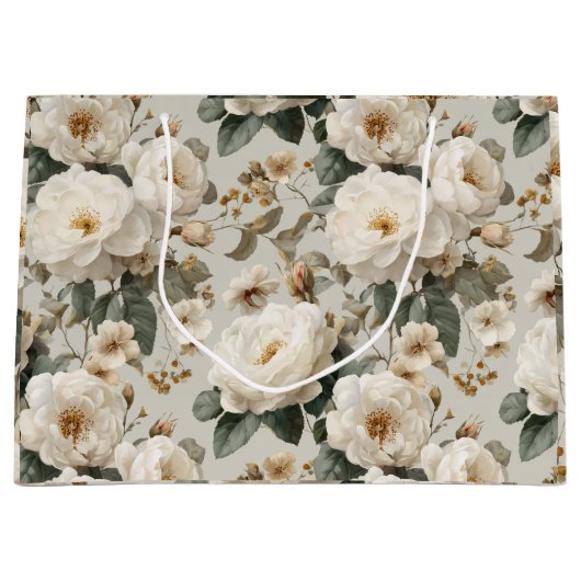 Weiche Weiße Rosen Beige Blumenmuster Große Geschenktüte (Vorderseite)