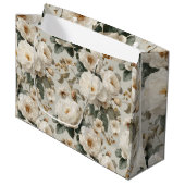 Weiche Weiße Rosen Beige Blumenmuster Große Geschenktüte (Vorderseite Schrägansicht)