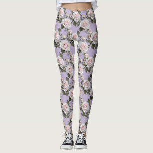 Weiche weiße und blassrosa Rosen auf rauchigem Lav Leggings