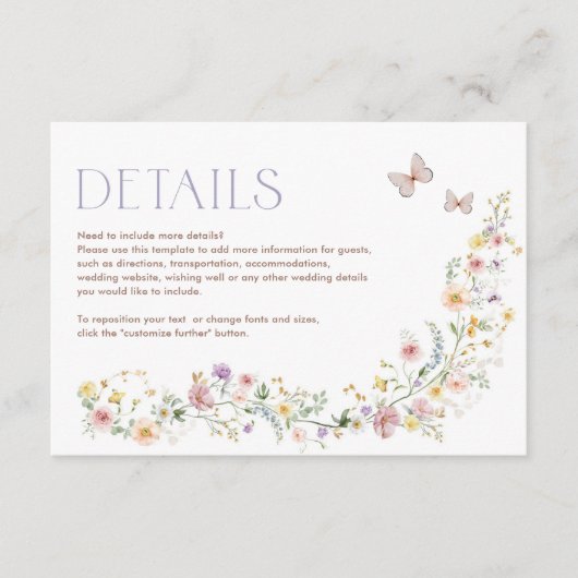 Weiche Wildblume Märchengarten Hochzeitsdetails Begleitkarte (Vorderseite)