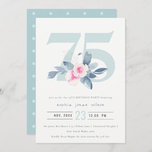 WEICHER AQUA BLUSH BLUE BLUE FLORAL 75 JEDES ALTER EINLADUNG (Vorne/Hinten)