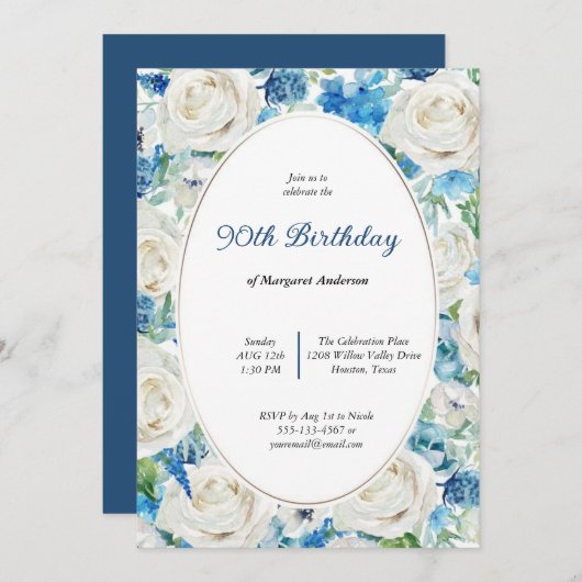 WEICHER AQUA BLUSH BLUE BLUE FLORAL 80 JEDER ALTER EINLADUNG (Vorne/Hinten)