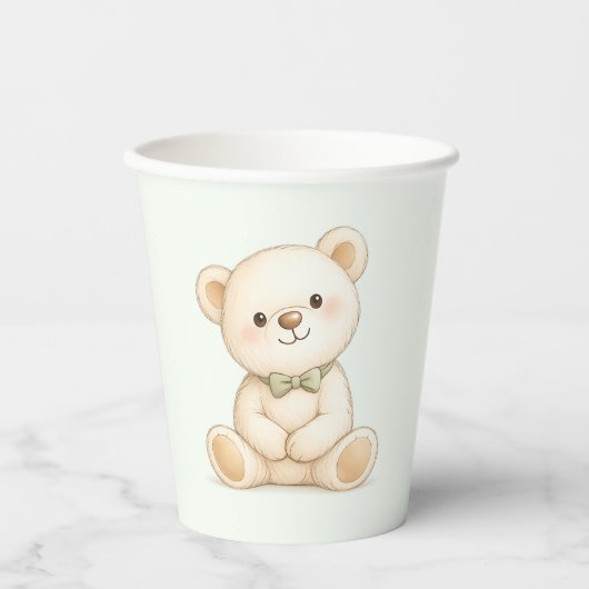 Weicher beiger Wasserfarben-Teddybär mit salbeigrü Pappbecher (Vorderseite)